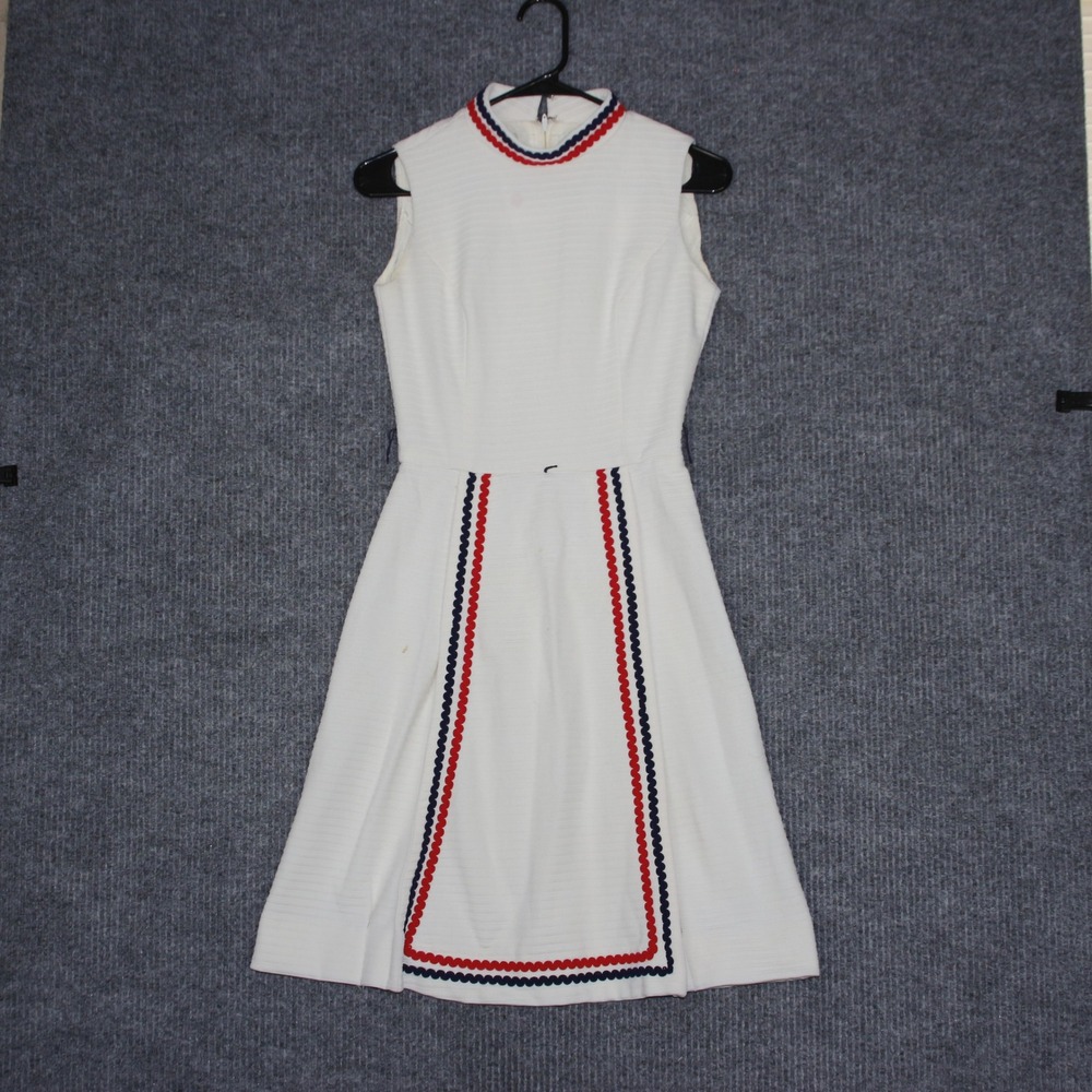 Vintage White Parade Mod Dress Red Blue Trim A‎ Line Knee Length Size XS